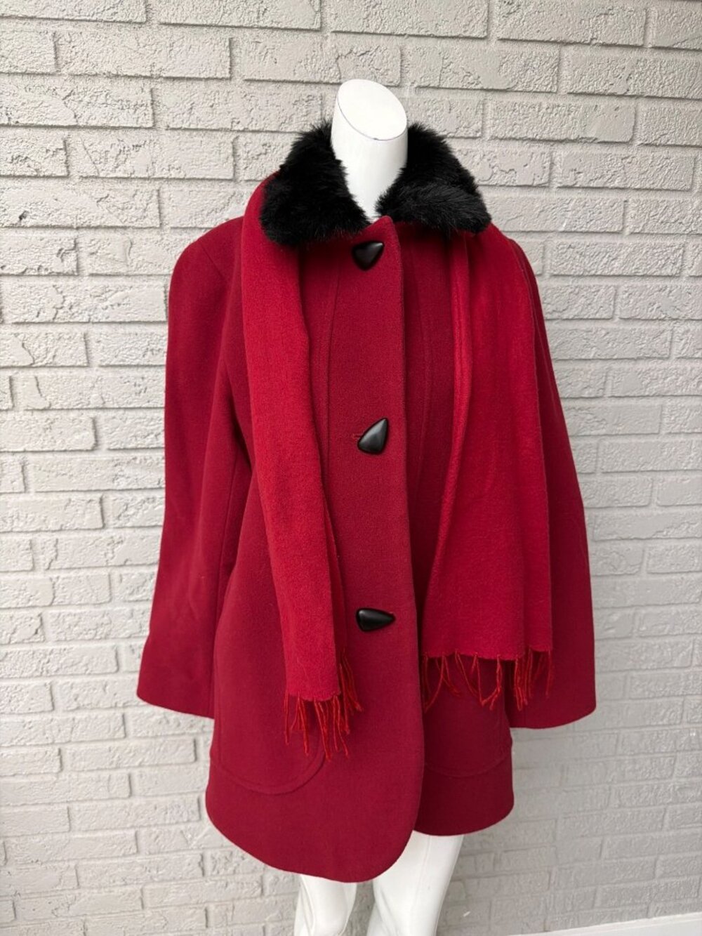 Nicole Miller Vintage-Style  Red Wool Blend Faux-Fur Swing Coat Size L